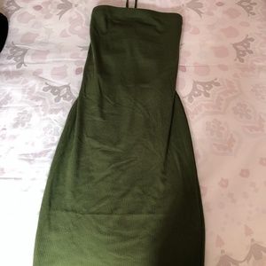 STRAPLESS OLIVE COLOURED PARTY DRESS